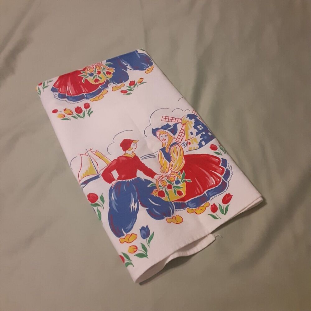 Vintage Holland Linen Tea Towel Tulips Dancers Windmills Cheerful
